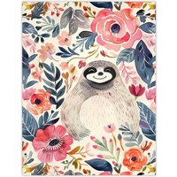 Artery8 Happy Sloth Smiling Pink Anemone Floral Pattern Wall Art Print | Size: W24" x H32"