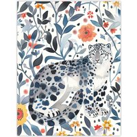 Artery8 Snow Leopard Blue Orange Floral Watercolour Wall Art Print | Size: W12" x H16"