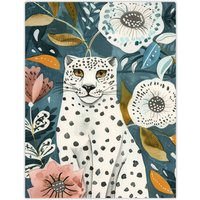 Artery8 Snow Leopard Floral Pattern Watercolour Folk Art Wall Art Print in Blue | Size: W24" x H32"