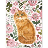 Artery8 Somali Cat Lover Pink Flower Rustic Pattern Wall Art Print | Size: W18" x H24"