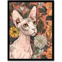 Artery8 Sphynx Cat Lover in Flower Garden Pet Portrait Framed Wall Art in Pink | Size: W12" x H16"