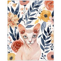 Artery8 Sphynx Cat Lover Floral Watercolour Portrait Wall Art Print | Size: W18" x H24"