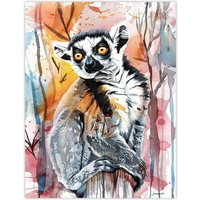 Artery8 Striped Lemur in Abstract Rainforest Sunset Wall Art Print | Size: W24" x H32"