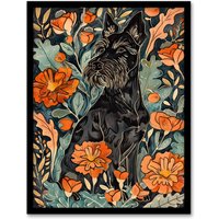 Artery8 Stylised Scottish Terrier Dog with Peony Flowers Framed Wall Art in Orange | Size: A4