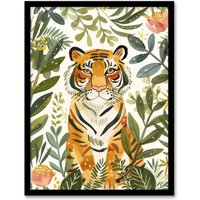 Artery8 Cute Tiger in Floral Tropical Jungle Watercolour Framed Wall Art in Green | Size: W12" x H16"