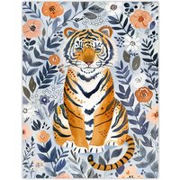 Artery8 Cute Baby Tiger in Floral Pattern Blue Design Wall Art Print | Size: W18" x H24"