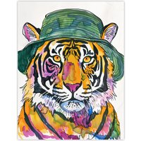 Artery8 Tiger With Bucket Hat Hip Hop Culture Fun Animal Wall Art Print in Orange | Size: W12" x H16"