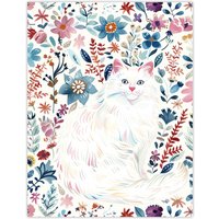 Artery8 Turkish Angora & Floral Pattern White Cat Lover Wall Art Print | Size: W24" x H32"