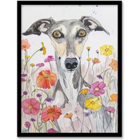 Artery8 Cute Whippet in Wildflowers Dog Lover Watercolour Framed Wall Art in Grey | Size: W12" x H16"