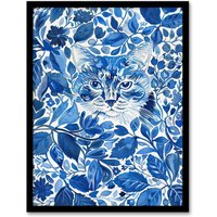 Artery8 Cat Lover Floral Blue China Pattern Watercolour Framed Wall Art | Size: A4