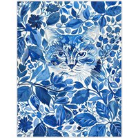 Artery8 Cat Lover Floral Blue China Pattern Watercolour Wall Art Print | Size: W24" x H32"