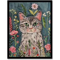 Artery8 Cat Lover Pet Portrait Night Time Flower Garden Framed Wall Art in Pale Blue | Size: W12" x H16"