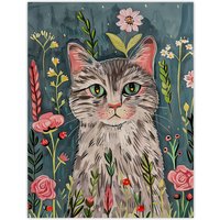 Artery8 Cat Lover Pet Portrait Night Time Flower Garden Wall Art Print in Pale Blue | Size: W18" x H24"
