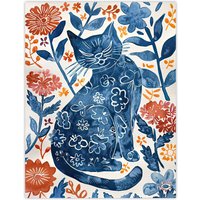 Artery8 Cat Lover Blue Red Floral Japanese Style Pattern Wall Art Print | Size: W18" x H24"