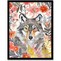Artery8 Grey Wolf Pink Floral Watercolour Animal Portrait Framed Wall Art | Size: W12" x H16"