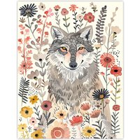 Artery8 Smiling Wolf Wildflower Meadow Floral Watercolour Wall Art Print in Pink | Size: W18" x H24"