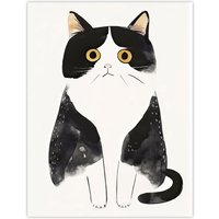 Artery8 Tuxedo Cat Lover Cute Black White Pet Yellow Eyes Wall Art Print | Size: W24" x H32"