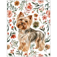 Artery8 Yorkshire Terrier Dog Lover Pink Floral Pattern Wall Art Print | Size: W24" x H32"