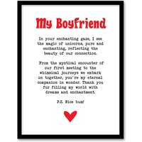 Artery8 Love Poem Unicorn Magic Boyfriend Romantic Poetry Framed Art Print in White | Size: A4