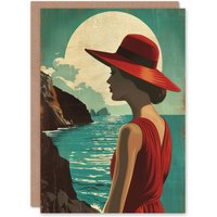 Artery8 Greeting Card Elegant Woman Italian Coast Travel Vintage Style Holiday in Blue