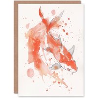 Artery8 Greeting Card Japanese Koi Carp Fish Watercolour Drawing Birthday in Orange
