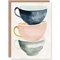 Artery8 Greeting Card Three Stacked Tea Cups Bright Boho Watercolour Birthday