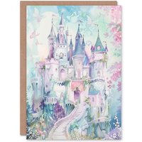 Artery8 Greeting Card Fairy Tale Princess Castle Pastel Colour Fantasy in Blue