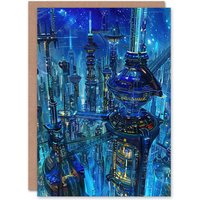 Artery8 Greeting Card Futuristic City Sci Fi Cityscape Conceptual Art Birthday in Blue