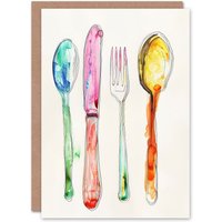 Artery8 Greeting Card Colourful Watercolour Cutlery Spoons Knife Fork Birthday