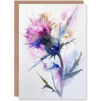 Artery8 Greeting Card Thistle Flower Bloom Soft Watercolour Painting Birthday in Purple