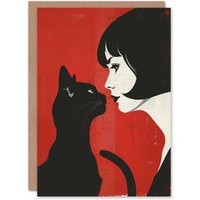Artery8 Greeting Card Black Cat Lover Lady & Pet Bold Red Retro Style