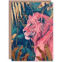 Artery8 Greeting Card Regal Pink Lion in Teal Blue Gold Tropical Jungle