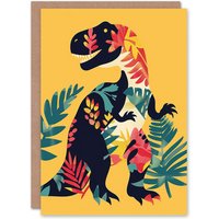 Artery8 Greeting Card Boho Botanical Pattern T Rex Dinosaur Design Birthday in Yellow