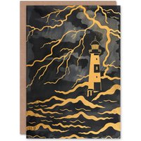 Artery8 Greeting Card Lighthouse Lightning Storm Gold Contrast Painting in Black