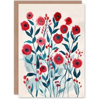 Artery8 Greeting Card Poppy Flowers Red Teal Bright Floral Watercolour