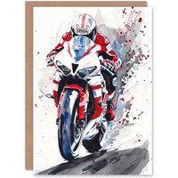 Artery8 Greeting Card Superbike Motorcycle Rider Race Sport Watercolour in Red