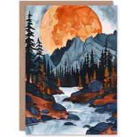 Artery8 Greeting Card Orange Harvest Moon Over Rocky Mountains Forest Birthday