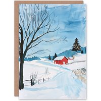 Artery8 Greeting Card Red Swedish Cottage in Winter Snow Countryside Birthday in Blue