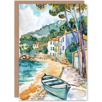 Artery8 Greeting Card Costa Brava Seaside Shore Boat Spain Watercolour Holiday in Green