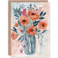 Artery8 Greeting Card Spring Flower Bouquet Pink Blue Boho Floral Vase
