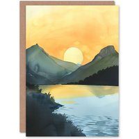Artery8 Greeting Card Redfish Lake Mountain Landscape Lakeside Sunrise in Yellow