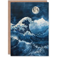 Artery8 Greeting Card The Great Wave at Full Moon Storm Sea Painting Birthday in Blue