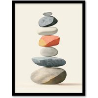 Artery8 Stacked Rock Cairn Bright Vertical Boho Design Framed Wall Art in Grey | Size: W12" x H16"