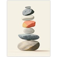 Artery8 Stacked Rock Cairn Bright Vertical Boho Design Wall Art Print in Grey | Size: W12" x H16"