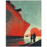 Artery8 Cruise Ship Sunset Harbour Red Blue Travel Advert Wall Art Print | Size: W12" x H16"