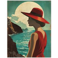 Artery8 Elegant Woman Italian Coast Travel Vintage Style Wall Art Print in Blue | Size: W12" x H16"