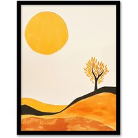 Artery8 Lone Tree Orange Vibrant Abstract Boho Landscape Framed Wall Art in Mustard | Size: A4