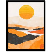 Artery8 Abstract Scottish Highland Landscape Boho Sunset Framed Wall Art in Mustard | Size: W12" x H16"