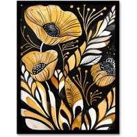 Artery8 Abstract Poppies Gold Black Floral Watercolour Framed Wall Art | Size: W12" x H16"