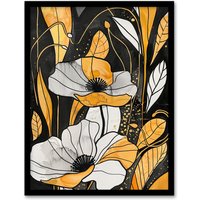 Artery8 Abstract Gold Black Poppy Flowers Floral Painting Framed Wall Art | Size: W12" x H16"